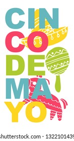 Cute and Colorful Cinco De Mayo Poster, Card Greeting, or Shirt Design with Hat, Maracas,Pinata Guitar Icon. Vector Illustration for Graphic Design, Template, Layout, Background and more. 