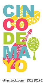 Cute and Colorful Cinco De Mayo Poster, Card Greeting, or Shirt Design with Hat, Maracas, Guitar Icon. Vector Illustration for Graphic Design, Template, Layout, Background and more. 