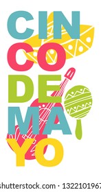 Cute and Colorful Cinco De Mayo Poster, Card Greeting, or Shirt Design with Hat, Maracas, Guitar Icon. Vector Illustration for Graphic Design, Template, Layout, Background and more. 