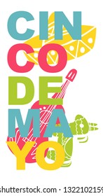 Cute and Colorful Cinco De Mayo Poster, Card Greeting, or Shirt Design with Hat, Pinata, Guitar Icon. Vector Illustration for Graphic Design, Template, Layout, Background and more. 