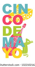 Cute and Colorful Cinco De Mayo Poster, Card Greeting, or Shirt Design with Hat, Pinata, Guitar Icon. Vector Illustration for Graphic Design, Template, Layout, Background and more. 