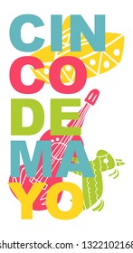Cute and Colorful Cinco De Mayo Poster, Card Greeting, or Shirt Design with Hat, Pinata, Guitar Icon. Vector Illustration for Graphic Design, Template, Layout, Background and more. 
