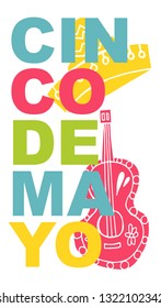 Cute and Colorful Cinco De Mayo Poster, Card Greeting, or Shirt Design with Hat and Guitar Icon. Vector Illustration for Graphic Design, Template, Layout, Background and more. 