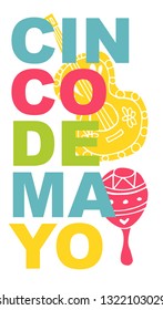 Cute and Colorful Cinco De Mayo Poster, Card Greeting, or Shirt Design with Guitar and Maracas Icon. Vector Illustration for Graphic Design, Template, Layout, Background and more. 