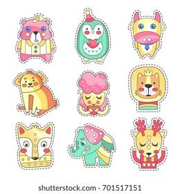 Cute colorful cloth patches set, embroidery or applique for decoration kids clothing cartoon vector Illustrations