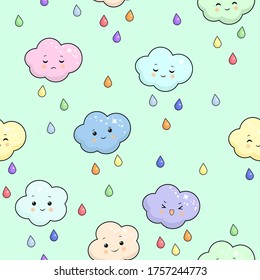 Cuidada colorida cara sonriente en la nube fondo de patrón sin fisuras con caídas, repetición de ilustración vectorial
