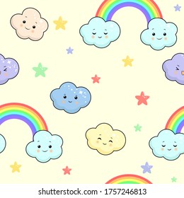 Cute colorful cloud smiling face seamless pattern background with star and rainbow, repeating vector illustration