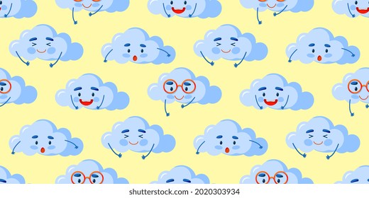 Cuidada colorida cara sonriente en la nube patrón sin fisuras, ilustración de vector repetido blanco