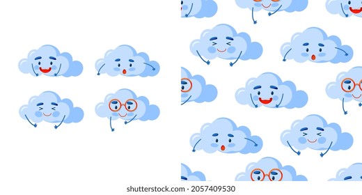 Cute colorful cloud smiling face seamless pattern, white repeating vector illustration. Vector illustration