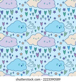 Cute colorful cloud smiling face kawaii seamless pattern background with stars and hears, vector illustration EPS