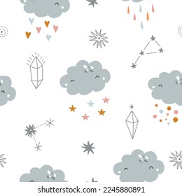 Cute colorful cloud smiling face seamless pattern background with yellow star glow, white repeating vector illustration