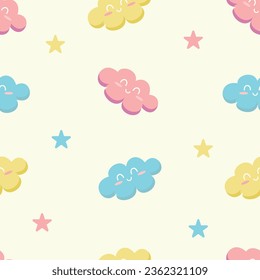 Cute colorful cloud smiling face seamless pattern background with yellow pink blue star glow, white repeating vector illustration
