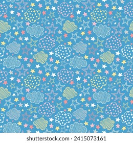 Cute colorful clouds seamless pattern background with pink, yellow, blue, white repeating vector illustration