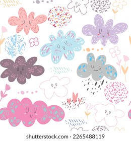 Cute colorful clouds smiling face seamless background with dots, patterns, white repeating vector illustration