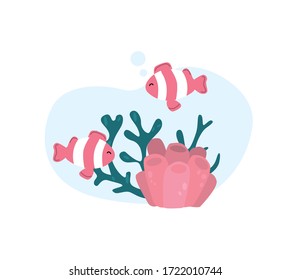 Cute colorful clown fishes with coral reefs. Swim in aquarium. Underwater life. Flat vector illustration.