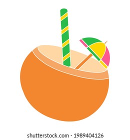 Cute and colorful coconut cocktail drink vector illustration on a white background. Royalty-free.