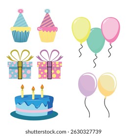 A cute and colorful collection of birthday-themed vector elements in soft pastel colors. Includes round balloons, birthday cake , a wrapped gift box, and  cupcake.