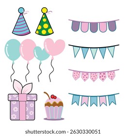 A cute and colorful collection of birthday-themed vector elements in soft pastel colors. Includes party hats, heart and round balloons, decorative flags, a wrapped gift box, and a cherry cupcake. 