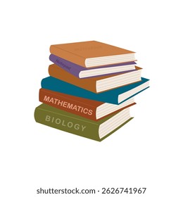 Linda coleção colorida de livros biblioteca da escola. Conjunto de diferentes pilhas e pilhas de livros. Tema educacional, literatura científica e de ficção. ilustração aberta sobre fundo branco