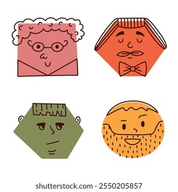 Ícone bonito colorido de faces cômicas definido com emoções positivas e negativas em formas geométricas. Emoticons de caricatura de lápis de cera desenhados à mão com vários sentimentos. Contornar personagens de humor isolados em branco.