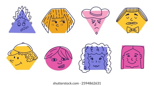 Cute colorful comic faces icon set with happy and sad emotions in geometric shapes. Hand drawn crayon caricature emoticons with various feelings. Scribble humor characters isolated on background.