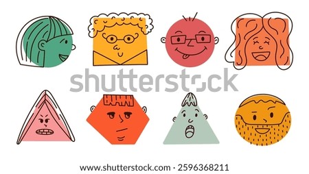 Cute colorful comic faces icon set with pleased and negative emotions in geometric shapes. Hand drawn crayon caricature emoticons with various feelings. Outline humor characters isolated on white.