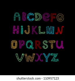 Cute colorful comic font with different stylized letters