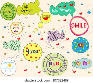 Cute colorful comics speech bubbles and labels