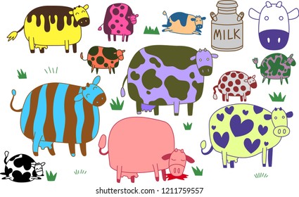 Cute Colorful cow silhouette illustration set