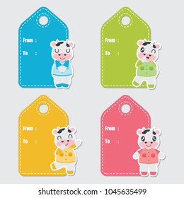 Cute Colorful Cows Vector Cartoon Illustration For Birthday Gift Tags Design, Postcard And Sticker Set