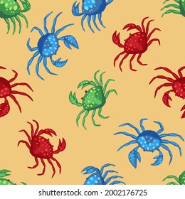 Cute colorful crabs. Abstract vector seamless pattern. Colored cartoon ornament with sea animals. Funny modern design for print, fabric, textile, background, wallpaper, wrapping, card, decor.