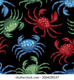 Cute colorful crabs. Abstract vector seamless pattern. Colored cartoon ornament with sea animals. Funny modern design for print, fabric, textile, background, wallpaper, wrapping, card, decor.