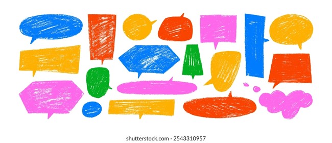 Cute colorful crayon geometric speech bubble set. Vector balloon speak sign dialog communication shapes. Crayon chalk speech bubble shapes. Doodle childish style message elements. Funky grunge style.