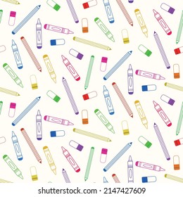 Cute Colorful Crayon, Pencil And Eraser Seamless Pattern In Outline Style . Great For School Projects, Posters, Gift Wrapping Paper And Stationary 