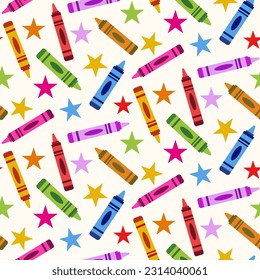 Cute colorful crayons seamless pattern with stars in orange, red, purple, yellow, blue and green over off white background. For back to school, stationary and wrapping paper 