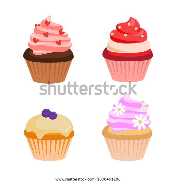 Cute colorful cream\
cupcakes of different taste and color. Flat vector dessert\
decoration clip art set.