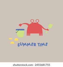 Cute colorful crocodile crab elephant leon beach items surf and summer beach animals  seamless print pattern graphic tee design for kids market as vector