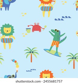 Nette bunte Krokodil Krabbe Elefant Leon Strand Artikel Surfen und Sommer Strand Tiere nahtlose Print Muster Grafik T-Design für Kindermarkt als Vektorgrafik