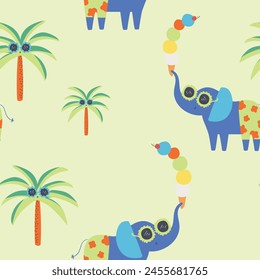 Cute colorful crocodile crab elephant leon beach items surf and summer beach animals  seamless print pattern graphic tee design for kids market as vector