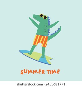 Cute colorful crocodile crab elephant leon beach items surf and summer beach animals  seamless print pattern graphic tee design for kids market as vector