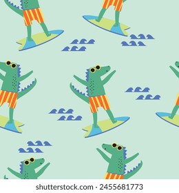 Cute colorful crocodile crab elephant leon beach items surf and summer beach animals  seamless print pattern graphic tee design for kids market as vector