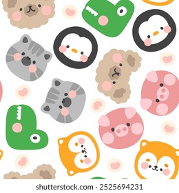 cute colorful crocodile, fox, penguin, teddy bear face, kitten, piggy kids seamless pattern background with with pink hearts dots, for children fabric and textile