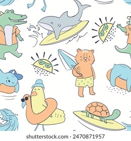 Cute colorful crocodile tiger sloth animal turtle sun shark wave surf and summer beach animals seamless print pattern graphic tee design for kids market as vector
