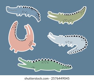 Cute colorful crocodiles in different poses sticker set. Hand drawn African predator crocodile.