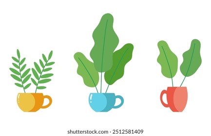 Cute colorful cups with plants, ceramic cups and different leaves of indoor plants. House Plants set. Hygge style. Isolated on white background. Horizontal flat vector illustration.