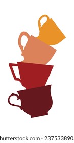cute colorful cups stack. A pyramid of mugs on a white background. Flat design. Vector illustration.