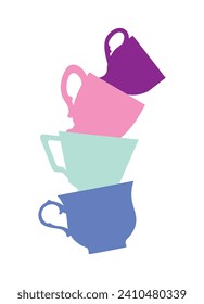 cute colorful cups stack. A pyramid of mugs on a white background. Flat design. Vector illustration.