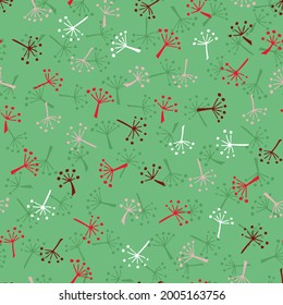 Cute colorful dandelion spores on a green background. Seamless pattern. Vector image.