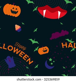 Cute colorful and dark cartoon happy halloween pattern with text, pumpkins, vampire lips and teeth, clouds, ghosts, bats, cupcakes, moon and stars.