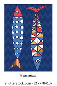 Cute colorful decorative sardine poster.